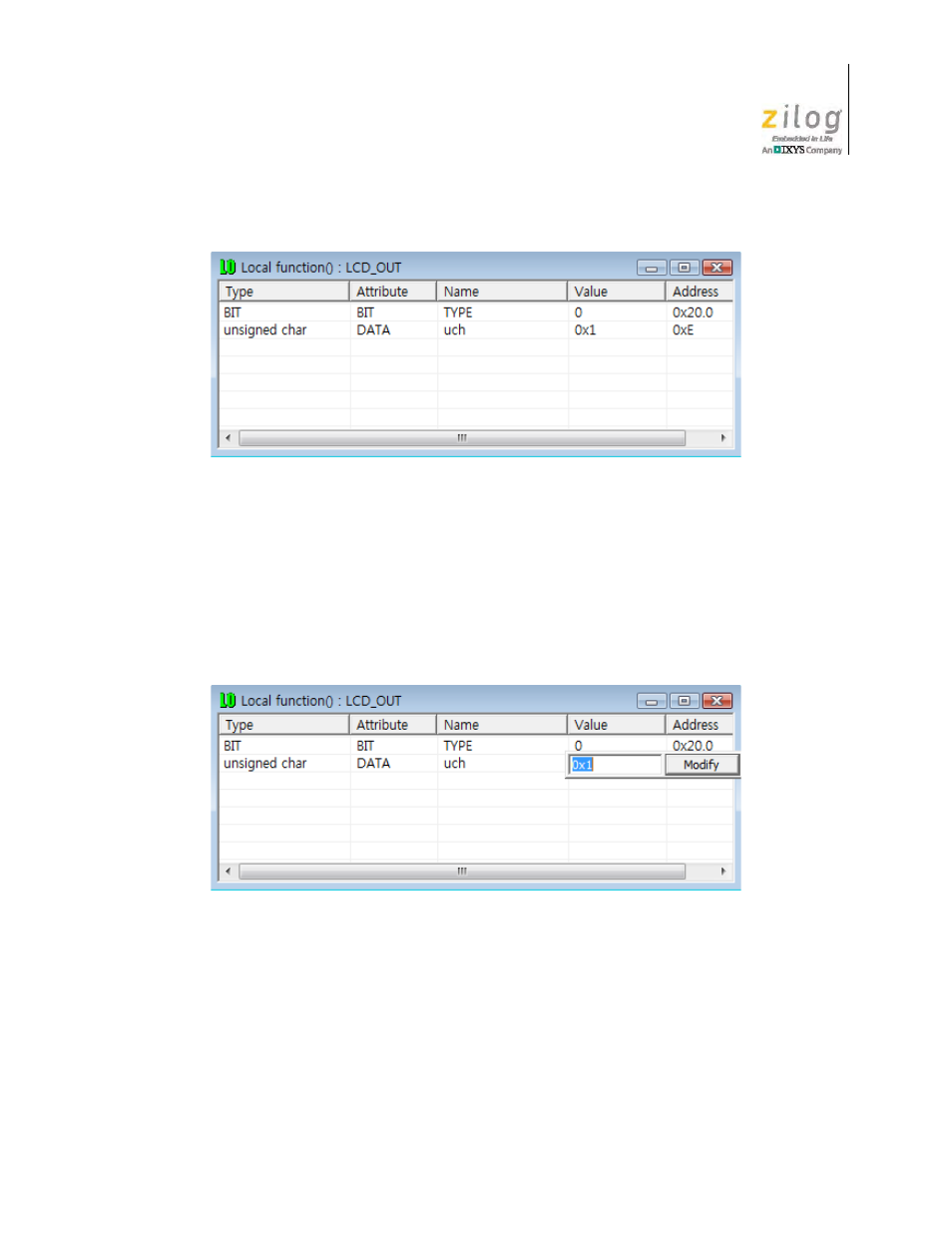 Figure 63. the watch local function dialog, Figure 64. editing a local symbol | Zilog Z51F0811 User Manual | Page 63 / 96