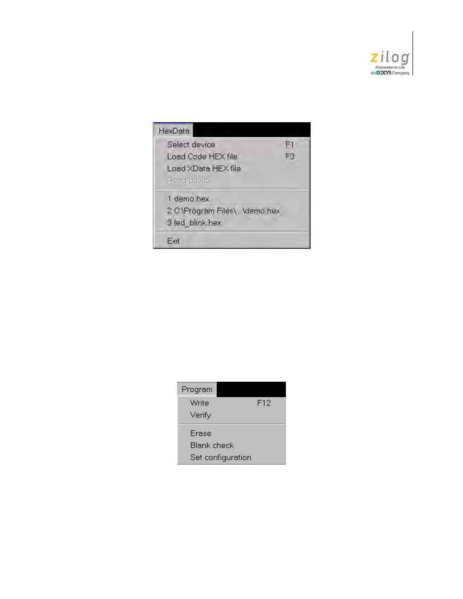Program menu, Figure 82. most recently used files, Figure 83. the ocd isp’s program menu | Zilog Z51F0811 User Manual | Page 81 / 96