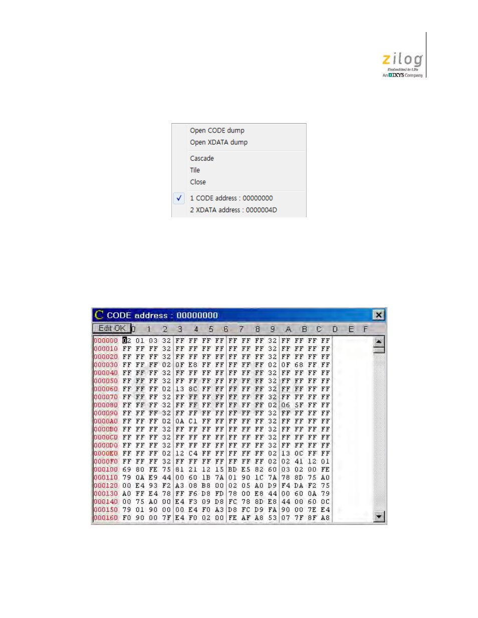 Figure 85. the ocd isp’s window menu, Figure 86. open code dump child window | Zilog Z51F0811 User Manual | Page 84 / 96