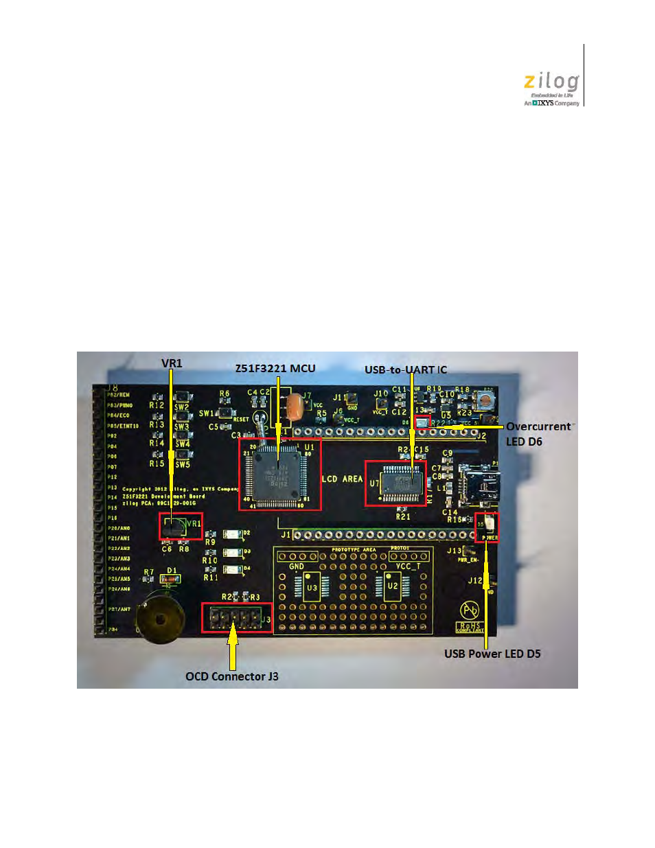 Figure 4, Z51f3221 development board: highlighted components | Zilog Z51F3221 User Manual | Page 12 / 55