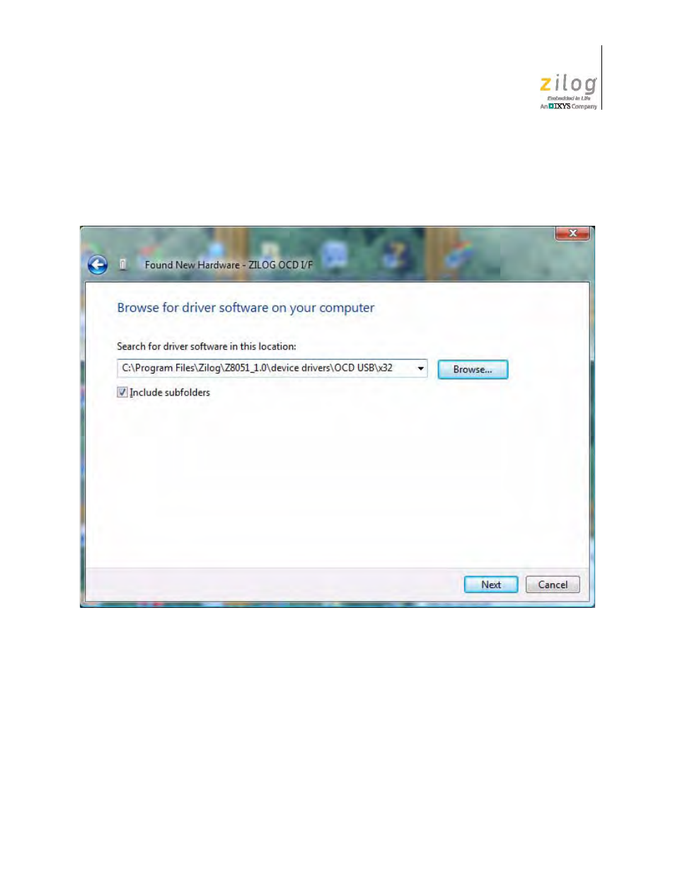 Figure 6, Browse for driver dialog, windows vista | Zilog Z51F3221 User Manual | Page 16 / 55
