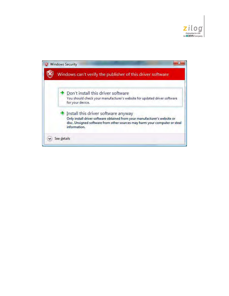 Figure 7, Can’t verify publisher dialog, windows vista | Zilog Z51F3221 User Manual | Page 17 / 55