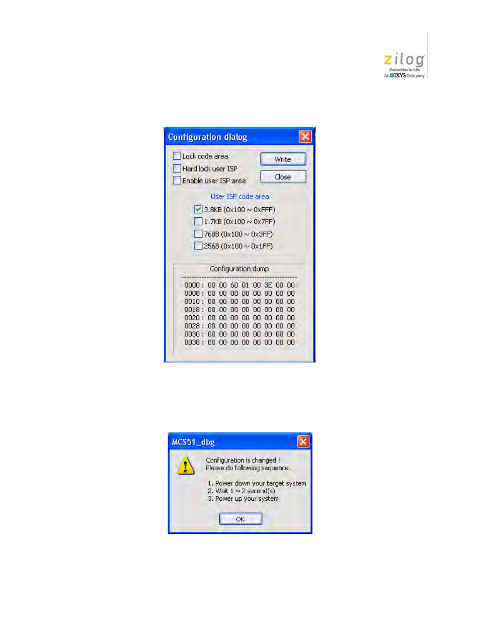 Figure 18. configuration dialog, Figure 19. configuration is changed dialog | Zilog Z51F3221 User Manual | Page 30 / 55