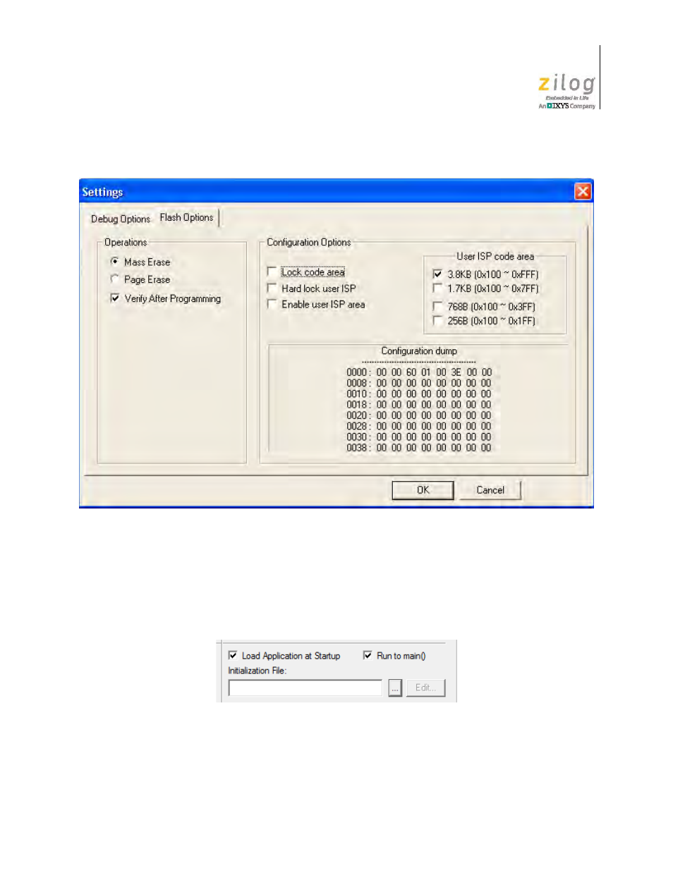 Figure 27. configuring the flash options, Load application at startup settings | Zilog Z51F3221 User Manual | Page 38 / 55