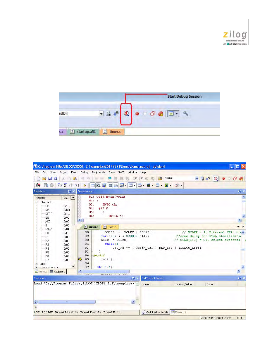 Figure 29. beginning a debug session, Figure 30. a default on-chip debugger window | Zilog Z51F3221 User Manual | Page 39 / 55