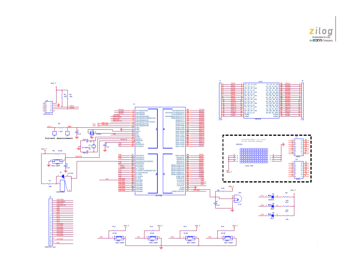 Appendix a. schematic diagrams, Figure 32. z51f3221 development board, #1 of 2, Zilog | Zilog Z51F3221 User Manual | Page 45 / 55