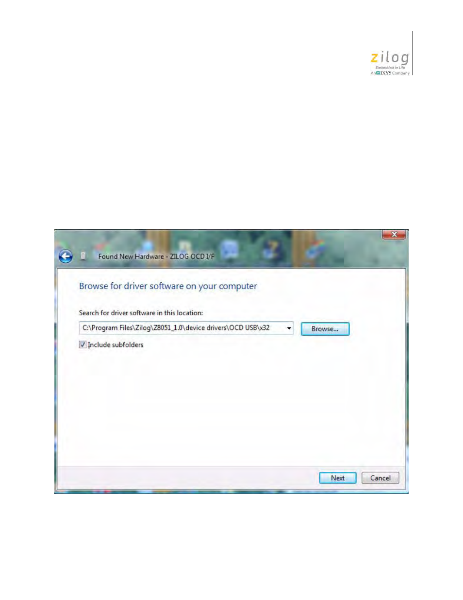 Figure 8, Browse for driver dialog, windows vista | Zilog Z51F6412 User Manual | Page 17 / 54