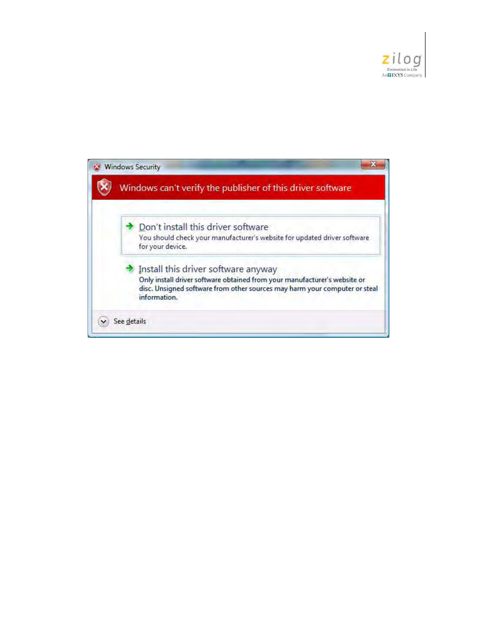 Figure 9, Can’t verify publisher dialog, windows vista | Zilog Z51F6412 User Manual | Page 18 / 54