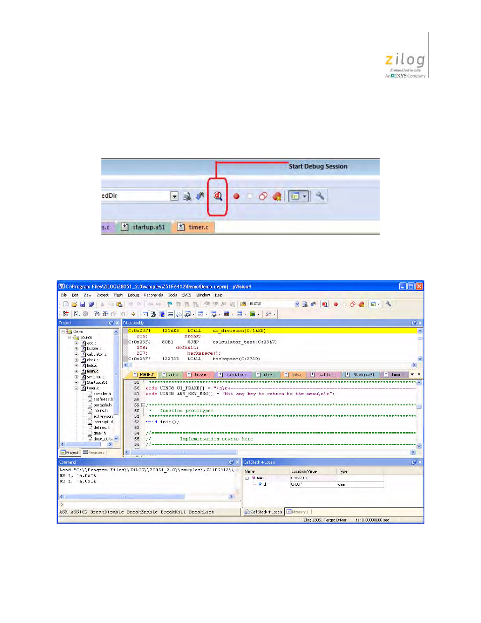 Beginning a debug session, Figure 29. a default debug session | Zilog Z51F6412 User Manual | Page 38 / 54