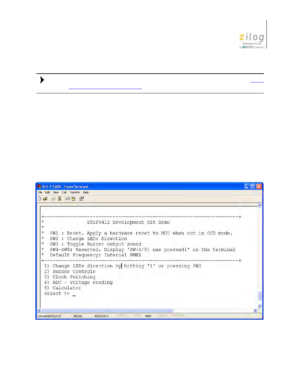 Figure 30. demo program menu in hyperterminal | Zilog Z51F6412 User Manual | Page 40 / 54