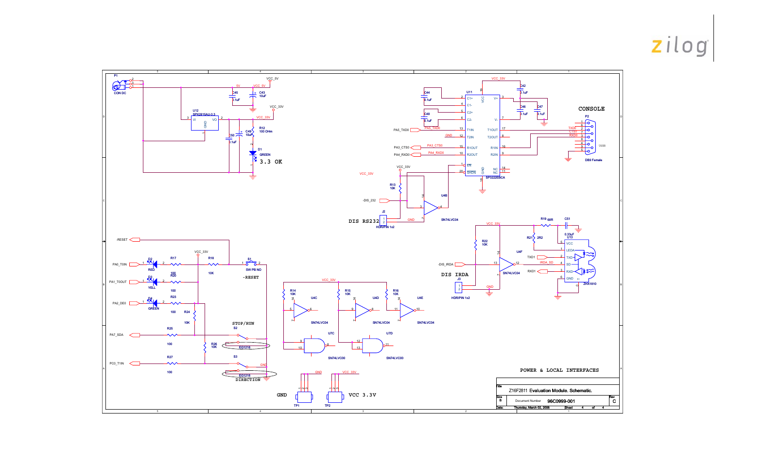 Figure 6, Console 3.3 ok, Dis rs232 | Dis irda, Vcc 3.3v, Power & local interfaces gnd | Zilog Z16F2810 User Manual | Page 19 / 20