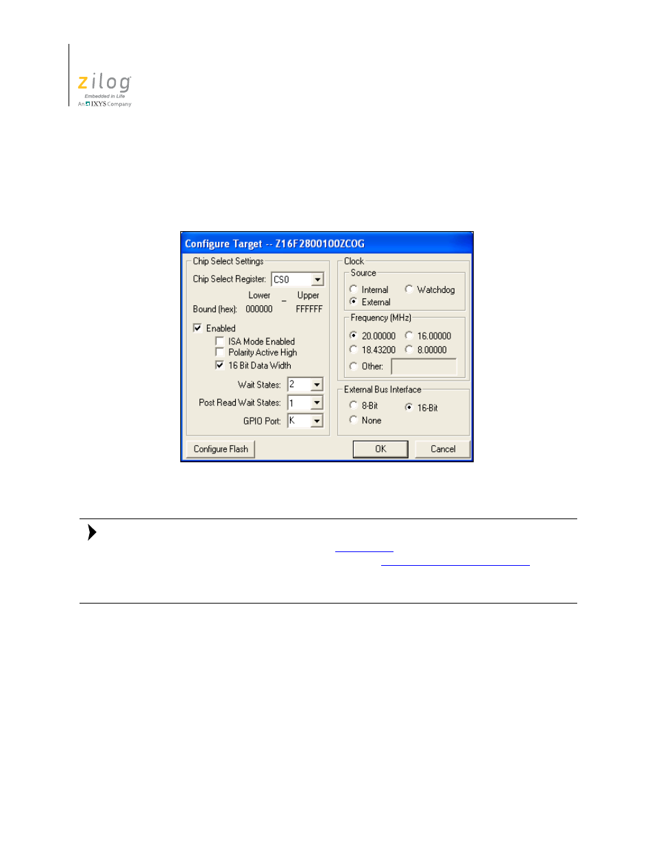 Figure 61. configure target dialog box, R to the, Setup | Zilog ZUSBOPTS User Manual | Page 104 / 520