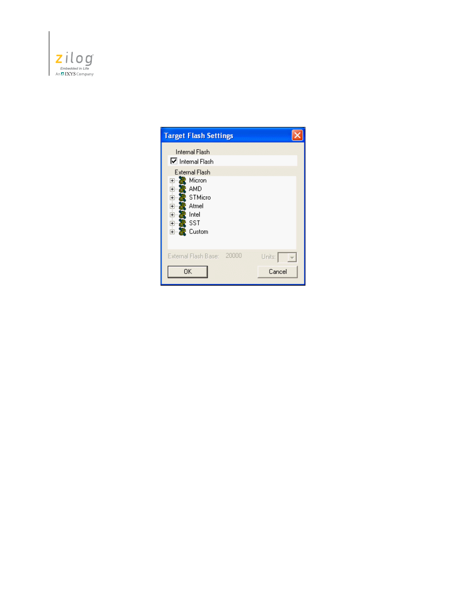 Figure 62. target flash settings dialog box | Zilog ZUSBOPTS User Manual | Page 106 / 520