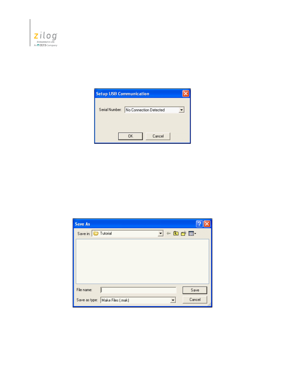 Figure 66. setup usb communication dialog box, Figure 67. save as dialog box, Export makefile | Zilog ZUSBOPTS User Manual | Page 110 / 520