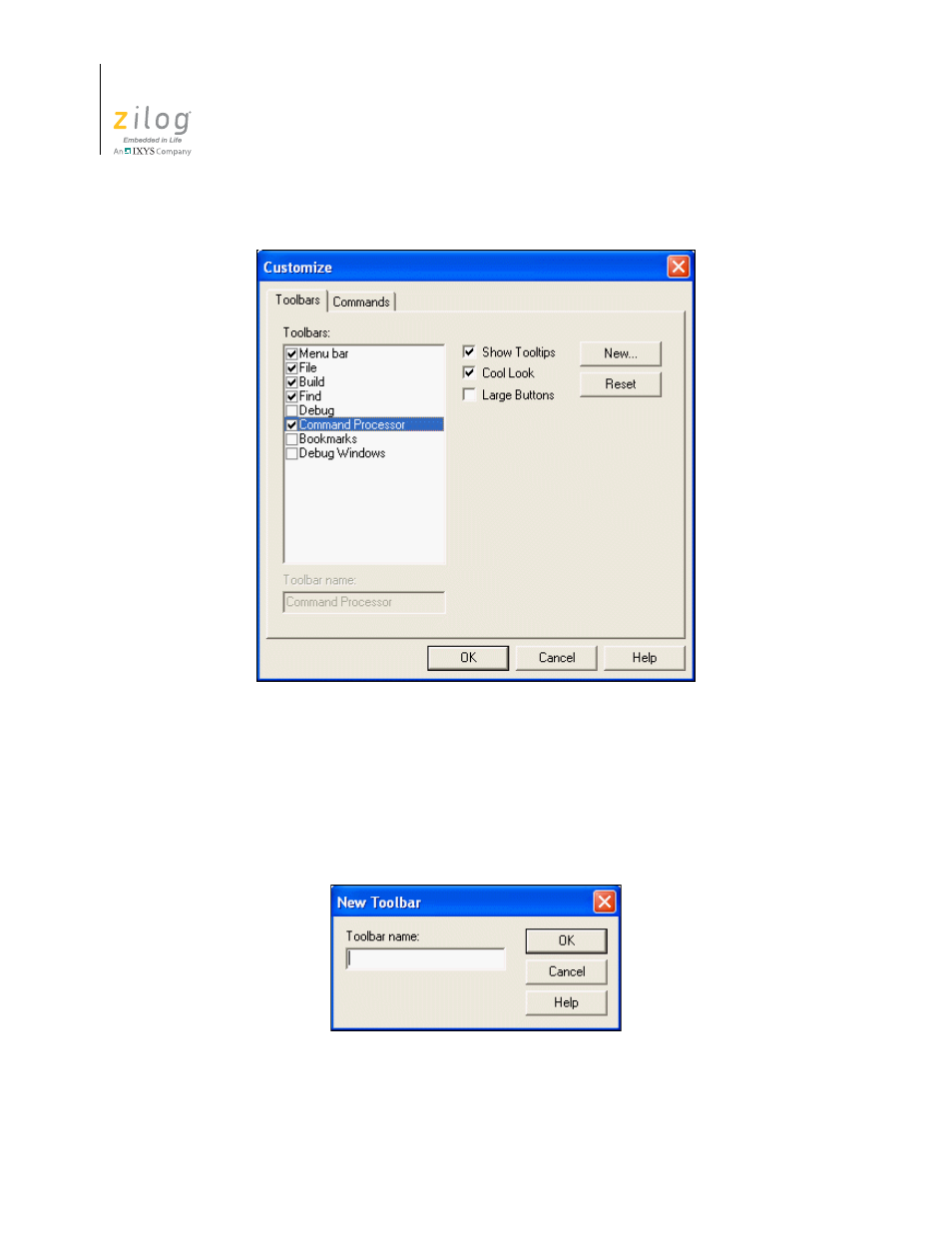 Figure 75. customize dialog box–toolbars tab, Figure 76. new toolbar dialog box | Zilog ZUSBOPTS User Manual | Page 122 / 520