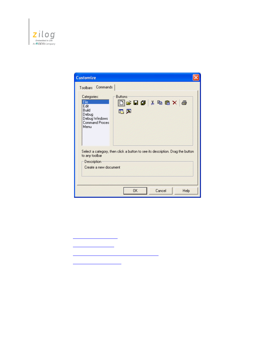 Figure 77. customize dialog box–commands tab, Options—general, Options | Figure 77 | Zilog ZUSBOPTS User Manual | Page 124 / 520