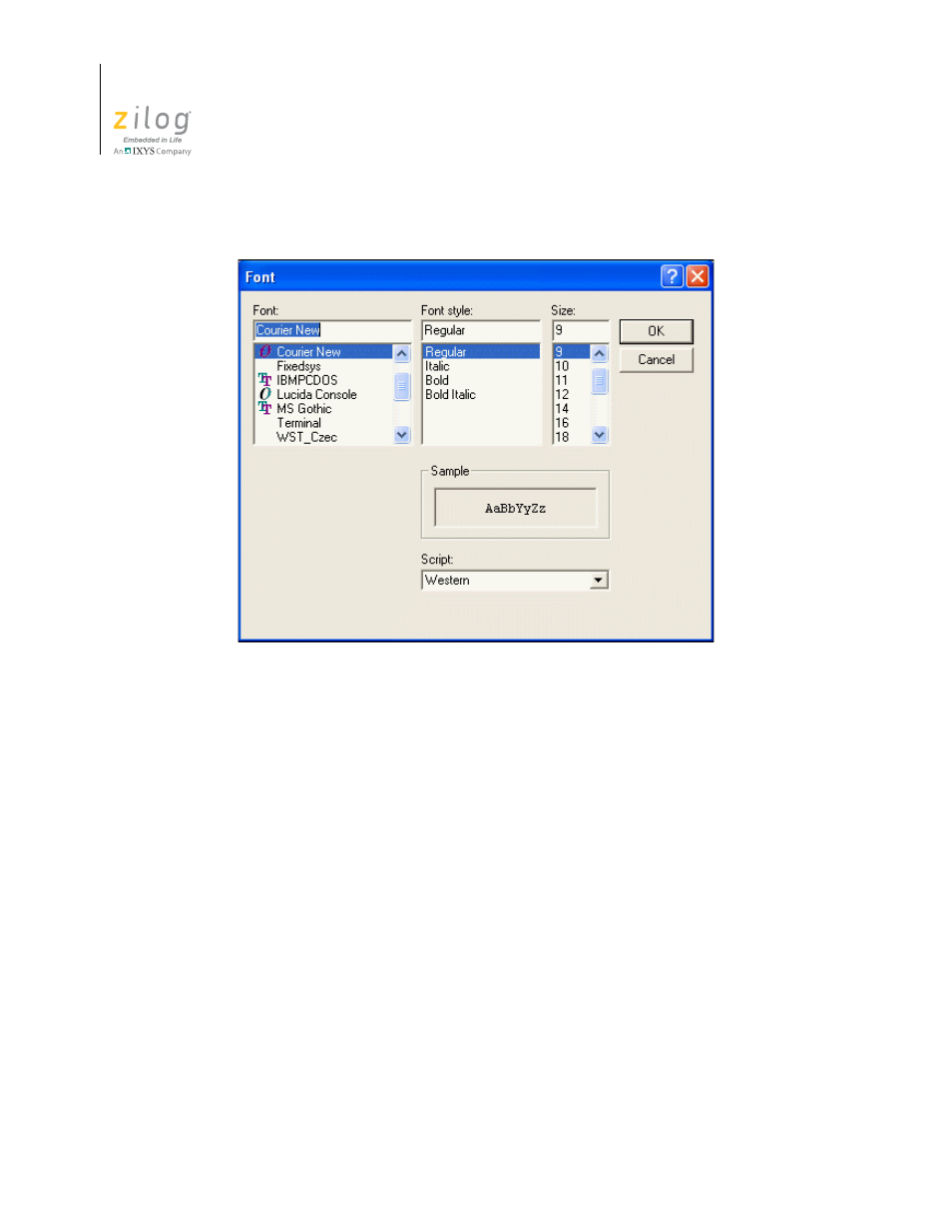 Figure 81. font dialog box, Options—editor—advance editor options | Zilog ZUSBOPTS User Manual | Page 128 / 520