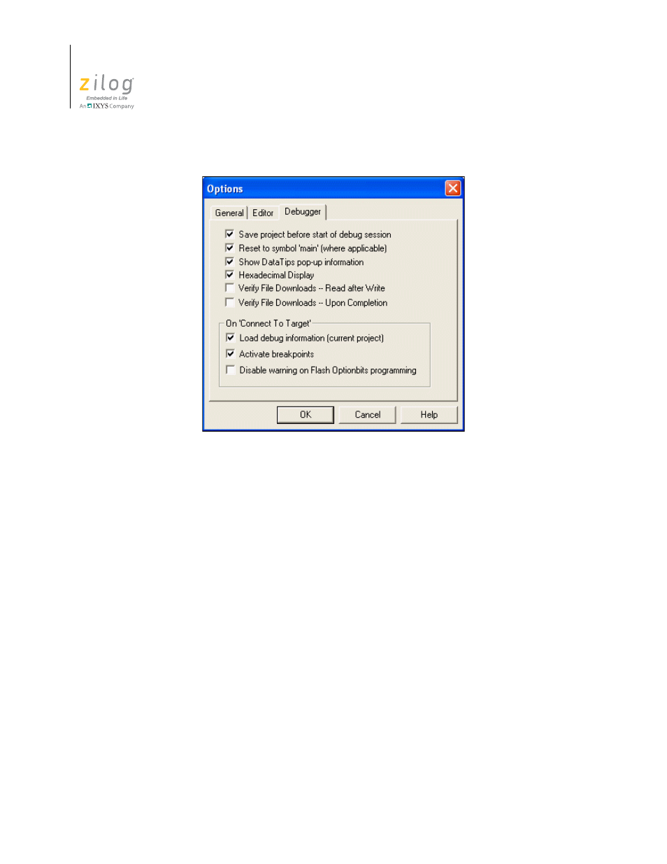 Window menu, Figure 83. options dialog box—debugger tab, New window | Close, Close all, Cascade | Zilog ZUSBOPTS User Manual | Page 132 / 520