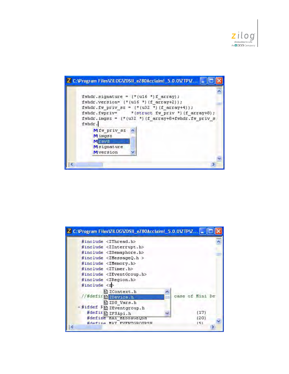 Figure 85. autocompletion of members, Figure 86. autocompletion of header file inclusion, Include file list box | Zilog ZUSBOPTS User Manual | Page 141 / 520