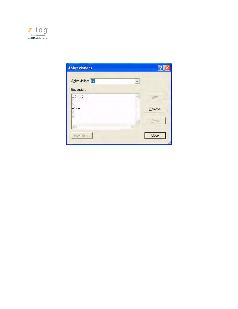 Figure 97. abbreviations dialog box, Pair (see the, Adding an | Abbreviation, Adding an abbreviation | Zilog ZUSBOPTS User Manual | Page 152 / 520