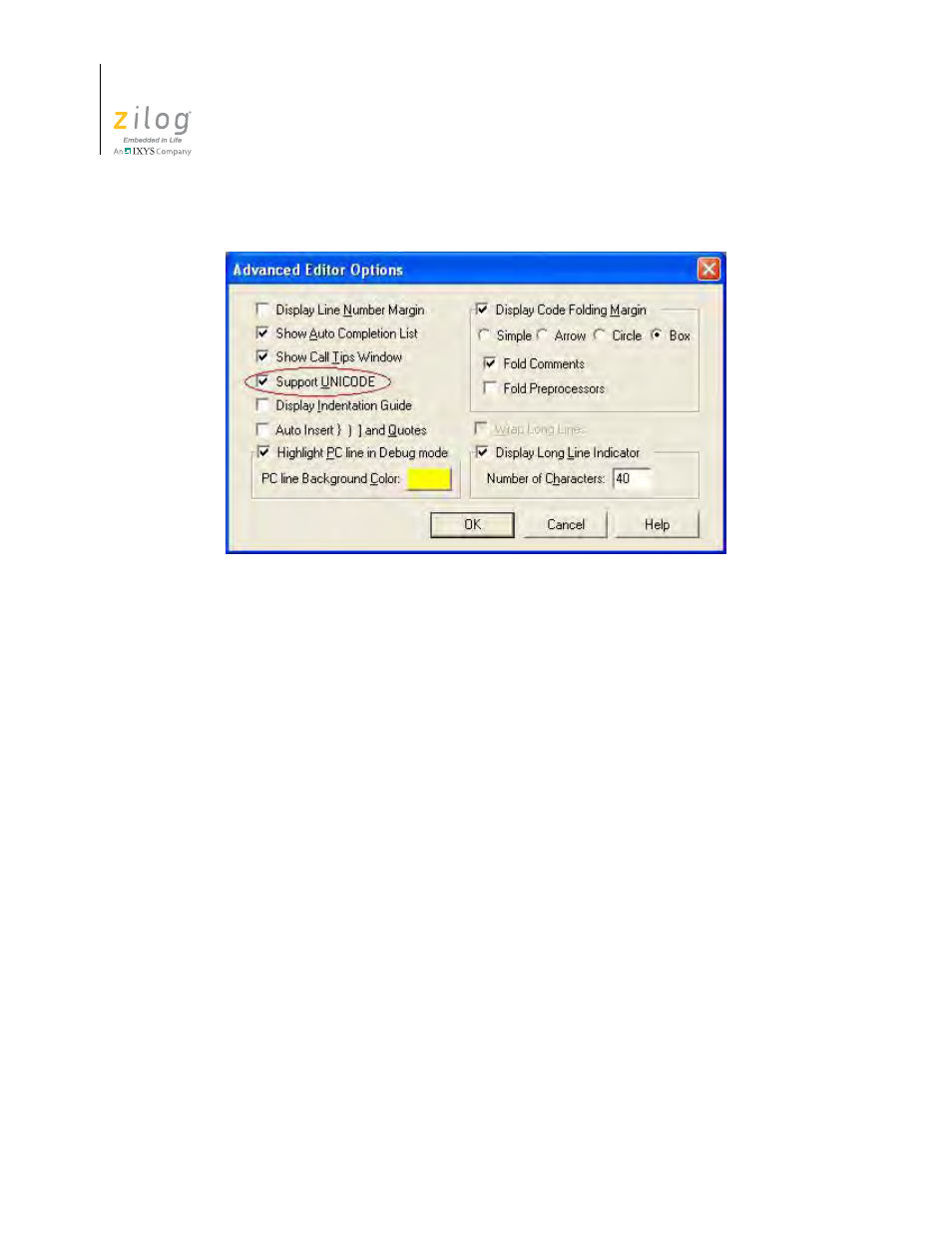 Auto syntax styler, Figure 103. advance editor options—support unicode | Zilog ZUSBOPTS User Manual | Page 160 / 520