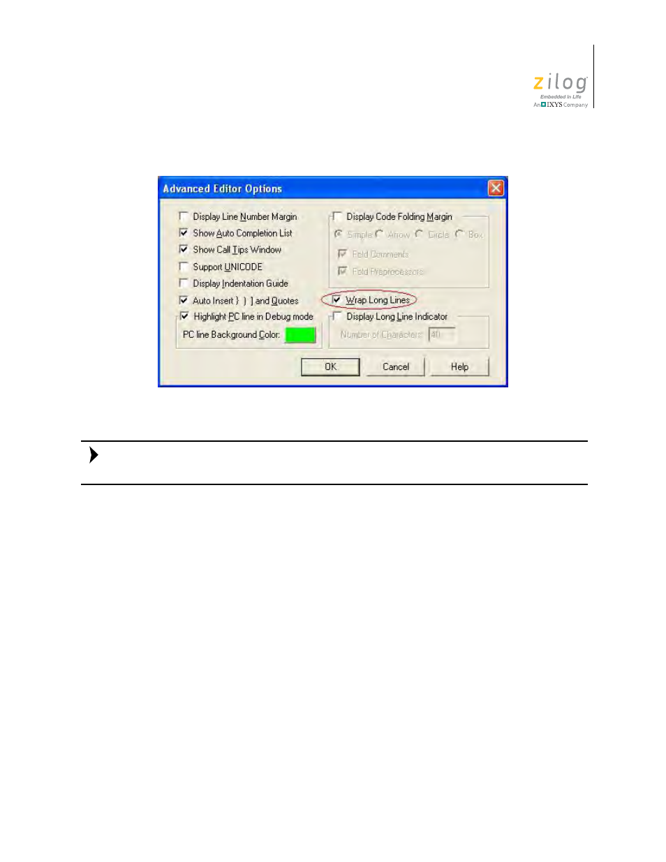 Indentation guides, Figure 115. advance editor options—wrap long lines, Learn more, see the | Zilog ZUSBOPTS User Manual | Page 171 / 520