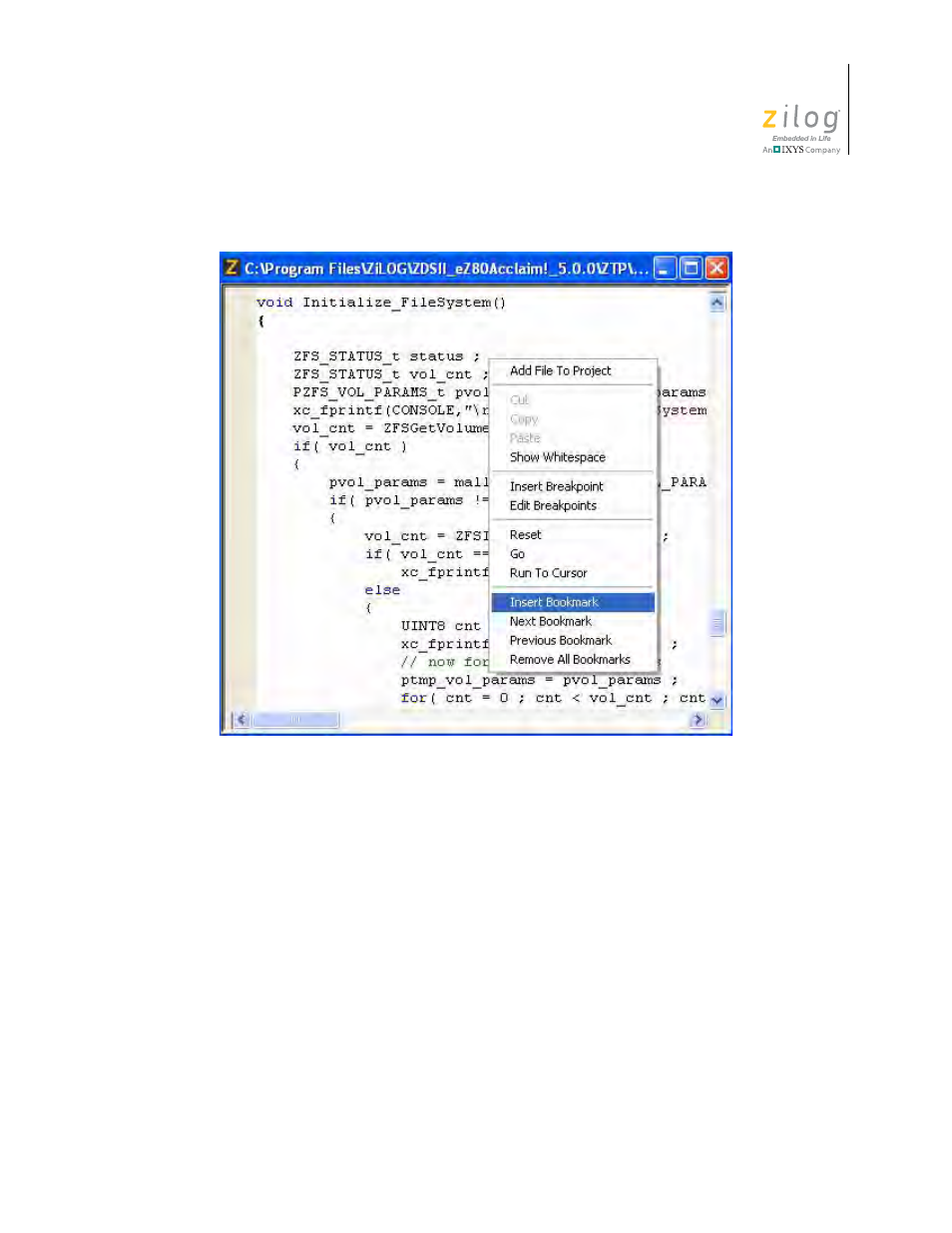 Figure 119. inserting a bookmark | Zilog ZUSBOPTS User Manual | Page 175 / 520