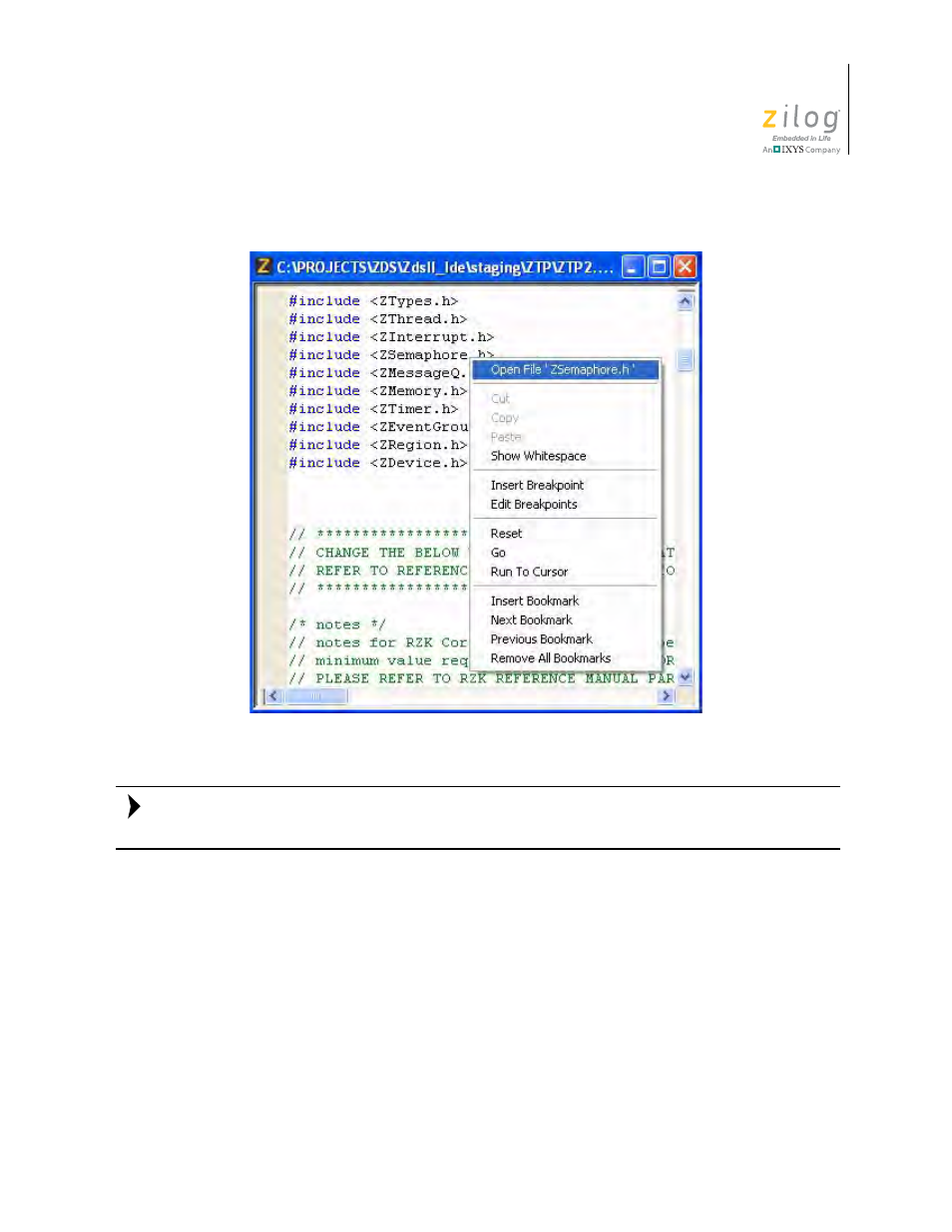 Highlighting a program counter line, Figure 120. opening an include file, Ee the | Highlighting a pro, Gram counter line | Zilog ZUSBOPTS User Manual | Page 177 / 520