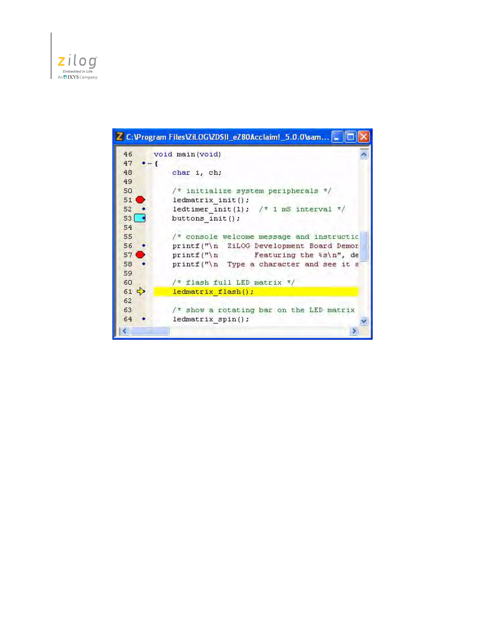 Figure 121. highlighting pc line in debug mode | Zilog ZUSBOPTS User Manual | Page 178 / 520