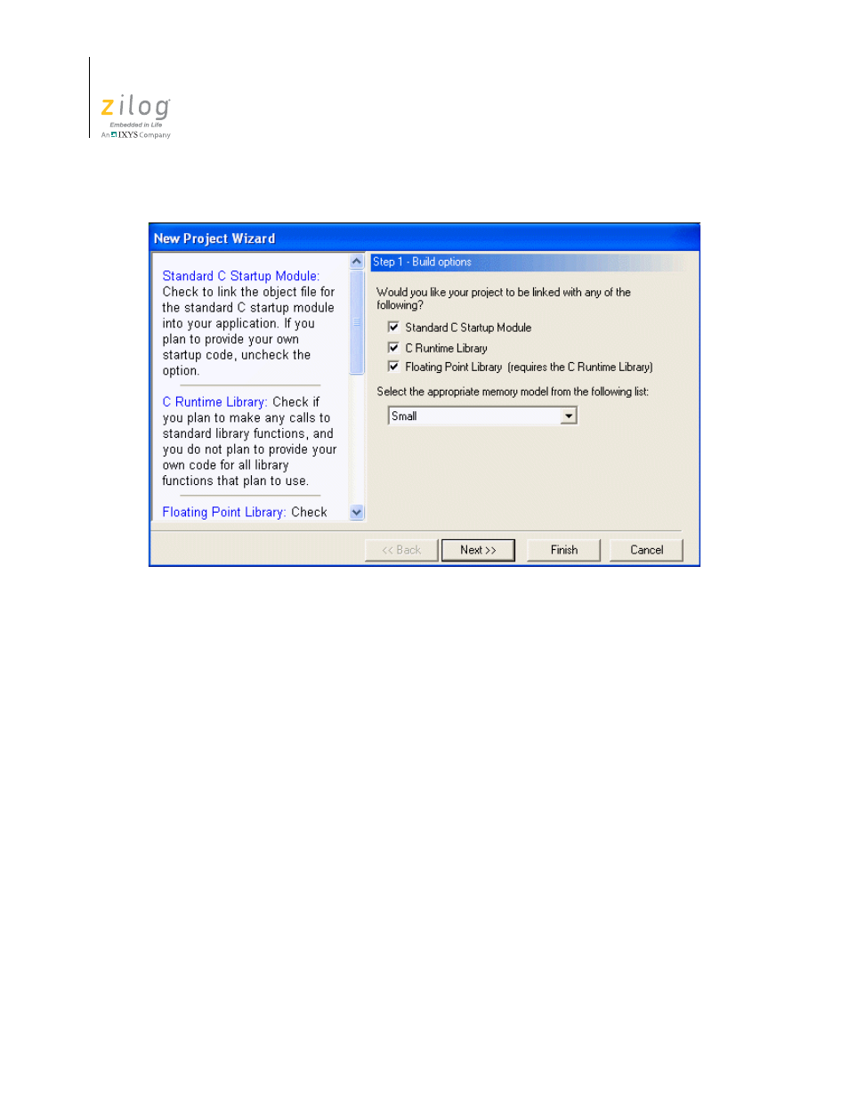 Figure 3, New project wizard dialog box—build options step | Zilog ZUSBOPTS User Manual | Page 32 / 520