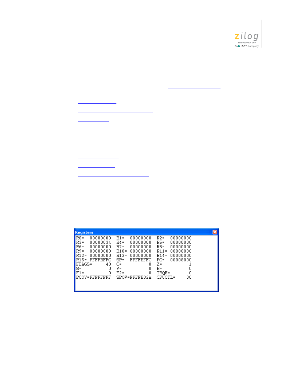 Debug windows, Registers window, Figure 138. registers window | Ows, see the | Zilog ZUSBOPTS User Manual | Page 357 / 520