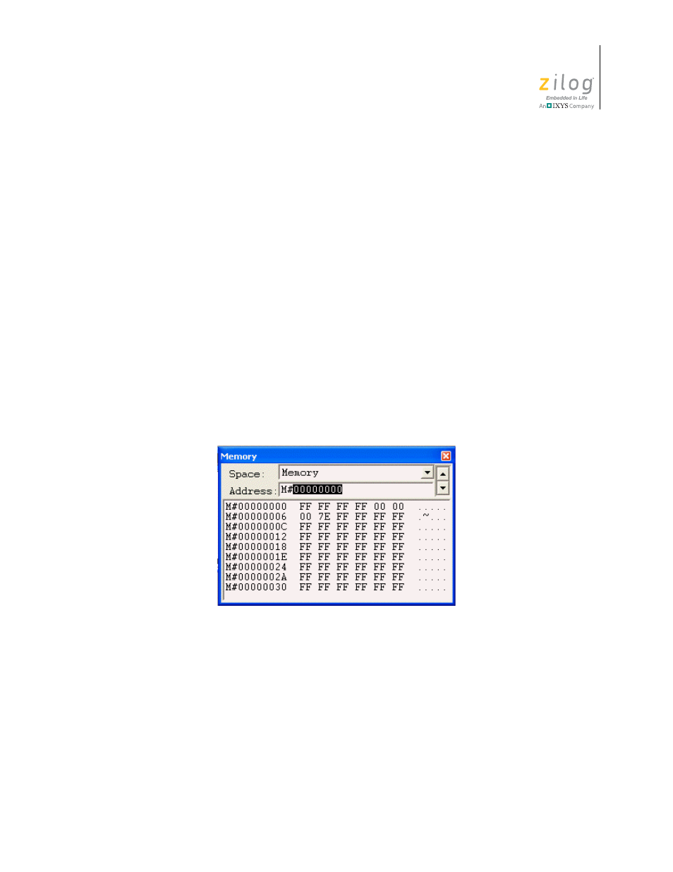 Figure 142. memory window—starting address, View the values for other memory spaces, View or search for an address | Zilog ZUSBOPTS User Manual | Page 361 / 520