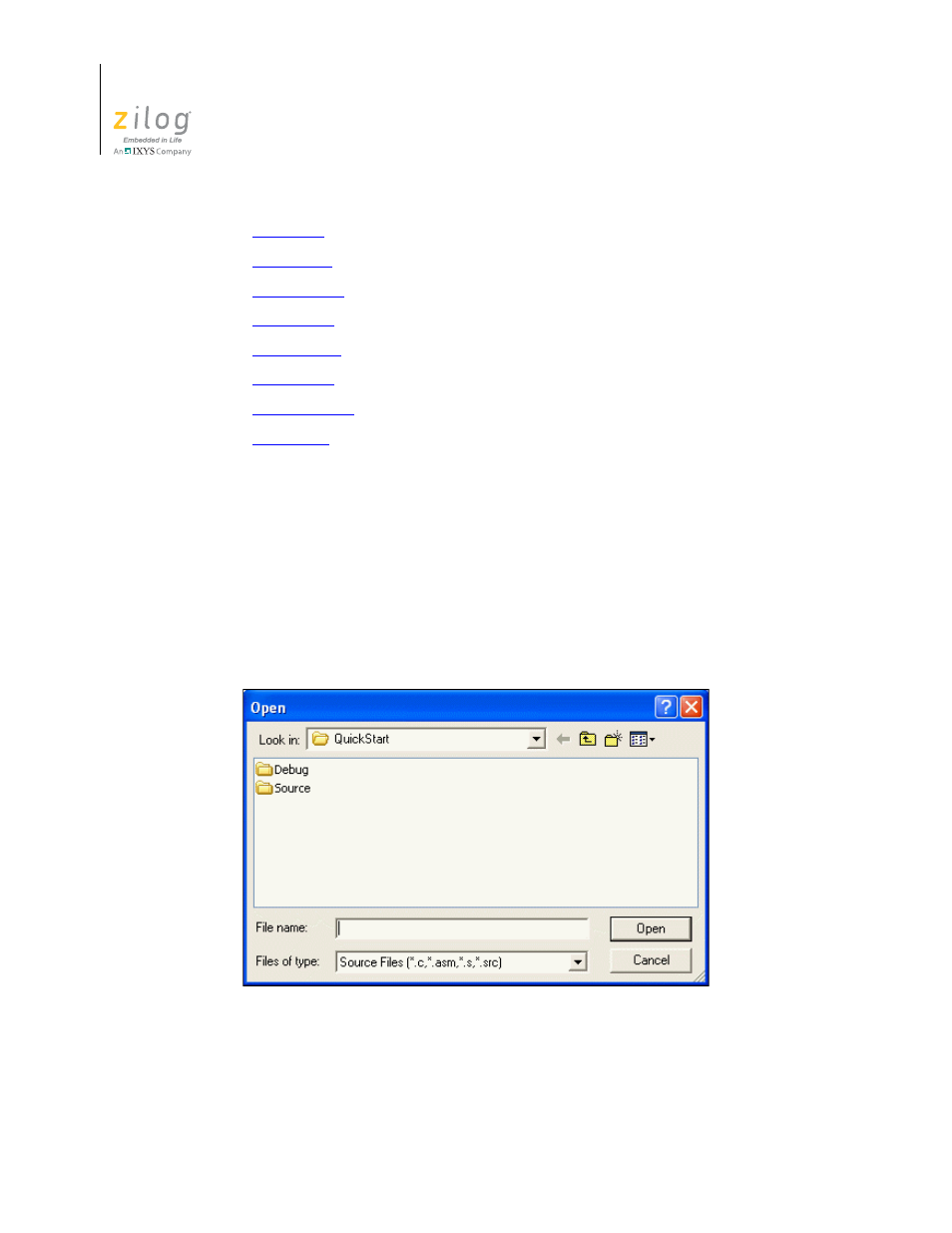 File menu, Figure 32. open dialog box, New project | Zilog ZUSBOPTS User Manual | Page 60 / 520