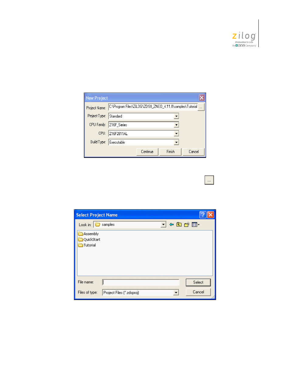Figure 33. new project dialog box, Figure 34. select project name dialog box | Zilog ZUSBOPTS User Manual | Page 61 / 520