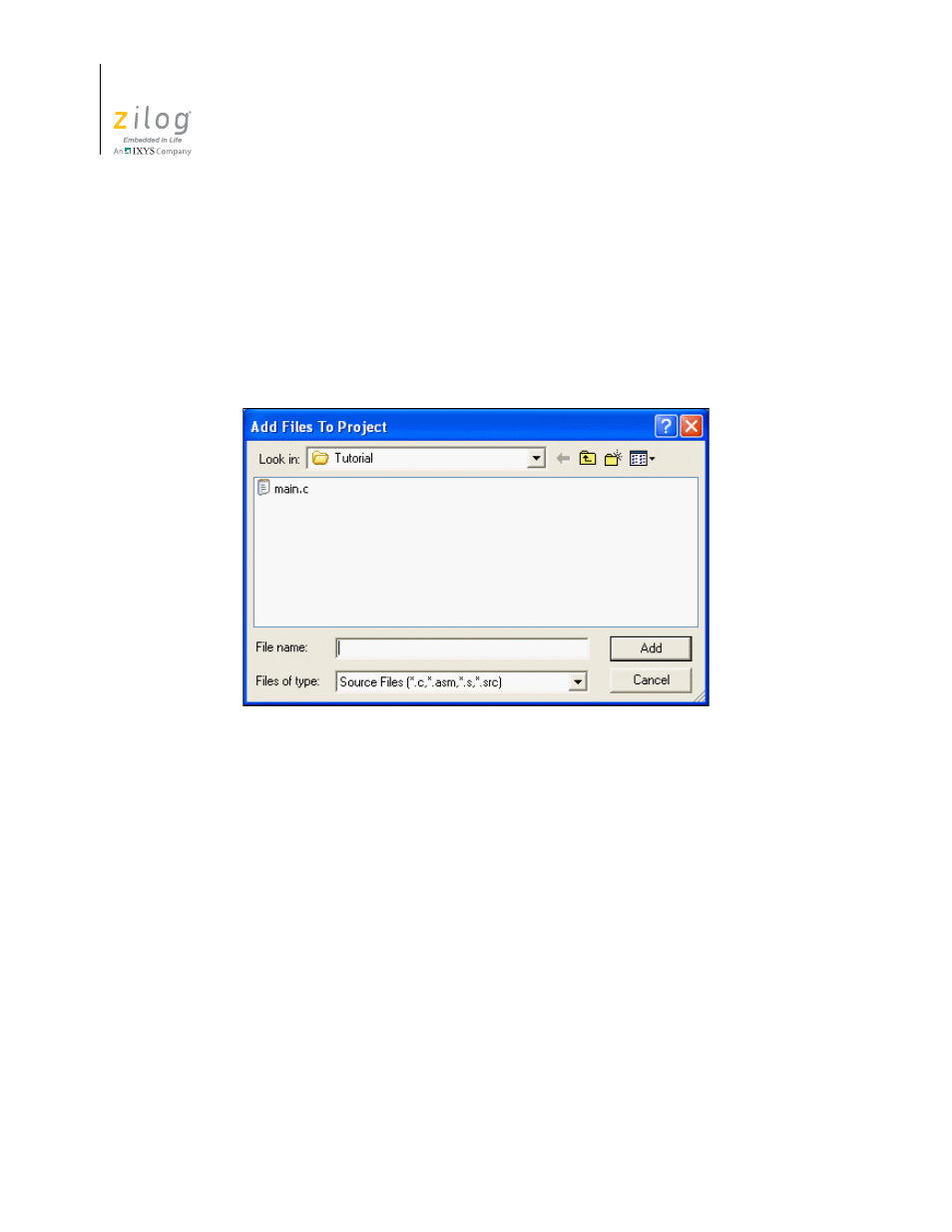 Figure 46. add files to project dialog box, Add files, Remove selected file(s) | Settings | Zilog ZUSBOPTS User Manual | Page 74 / 520