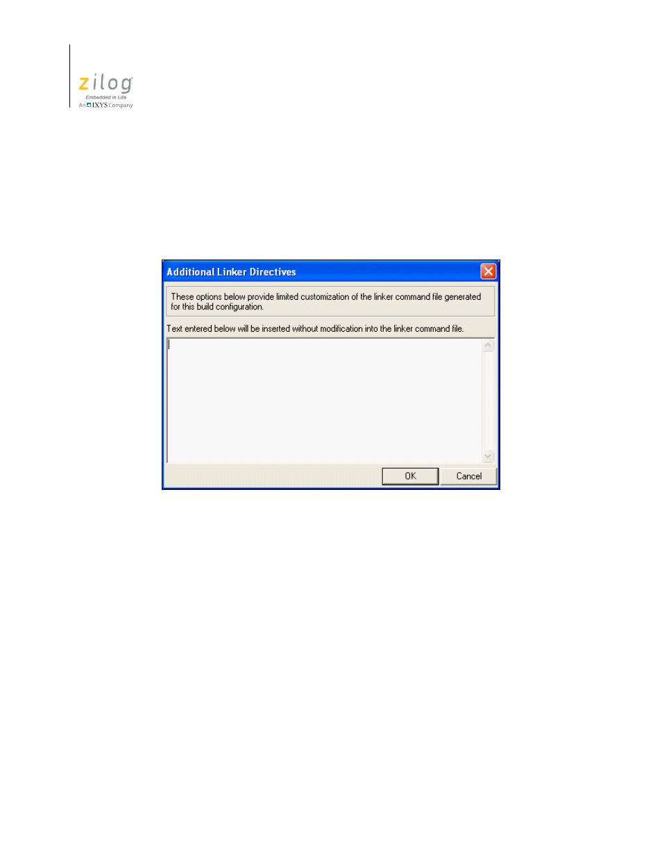 Figure 54. additional linker directives dialog box | Zilog ZUSBOPTS User Manual | Page 90 / 520