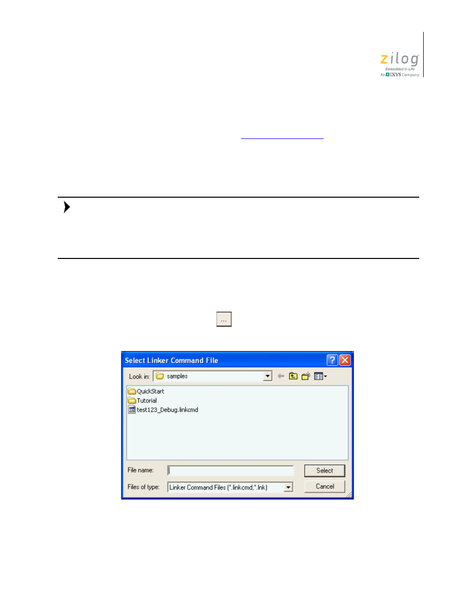 Figure 55. select linker command file dialog box | Zilog ZUSBOPTS User Manual | Page 91 / 520