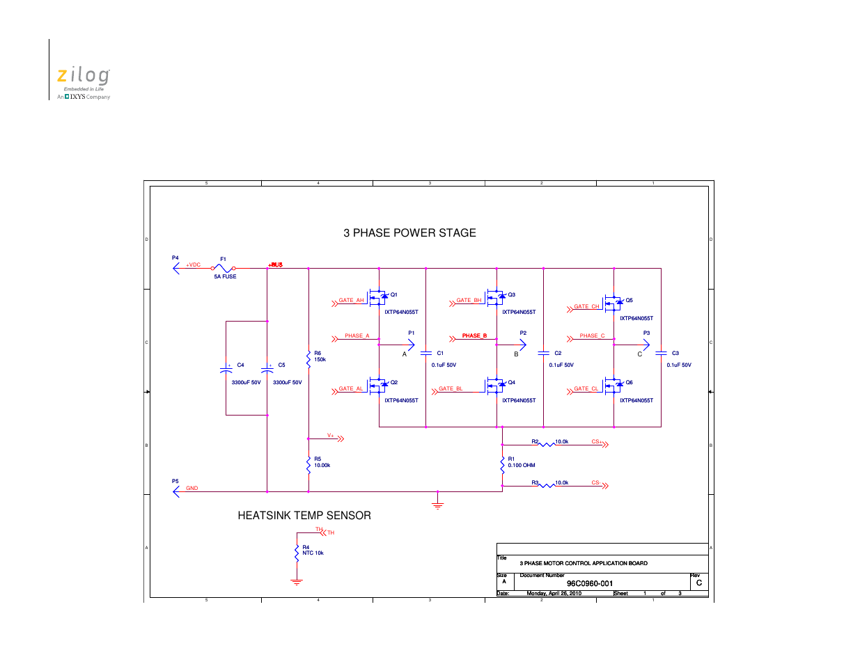 Schematics, 3 phase power stage heatsink temp sensor | Zilog ZUSBOPTS User Manual | Page 20 / 26