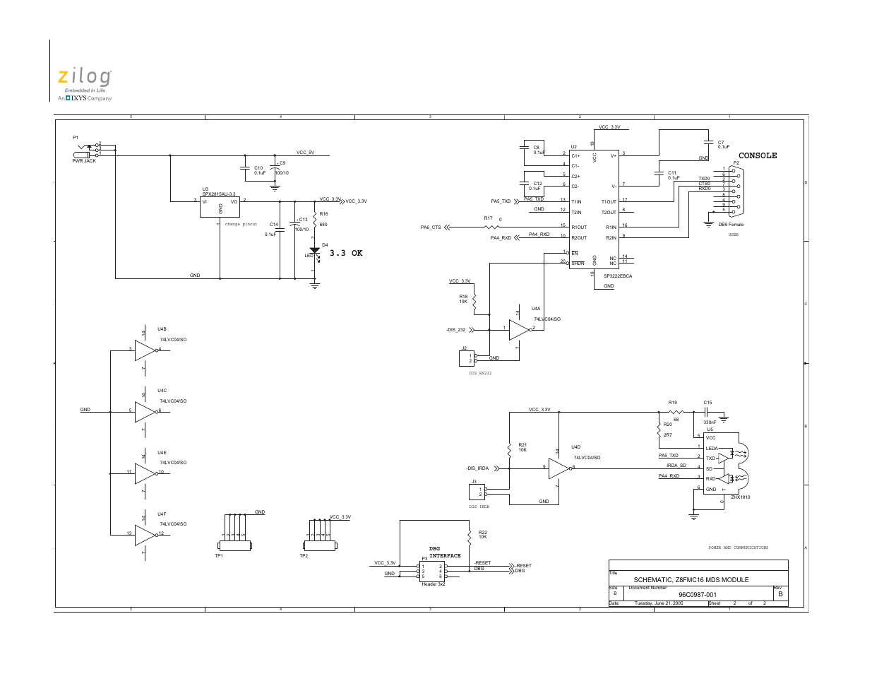 Figure 9. mc mds board schematic, #2 of 2, Console 3.3 ok | Zilog ZUSBOPTS User Manual | Page 24 / 26
