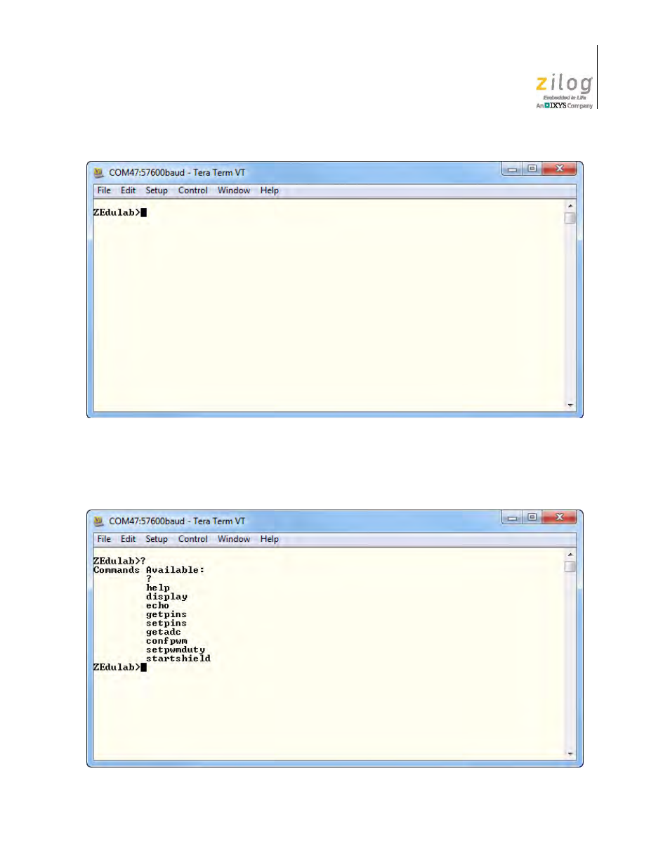 Figure 10. shell prompt, Figure 11. shell command list | Zilog ZUSBOPTS User Manual | Page 20 / 38