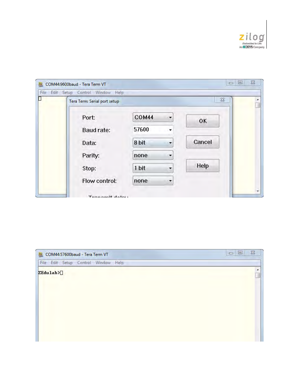 Figure 4, Baud rate setting, Figure 5 | Initial command shell prompt | Zilog ZUSBOPTS User Manual | Page 13 / 59