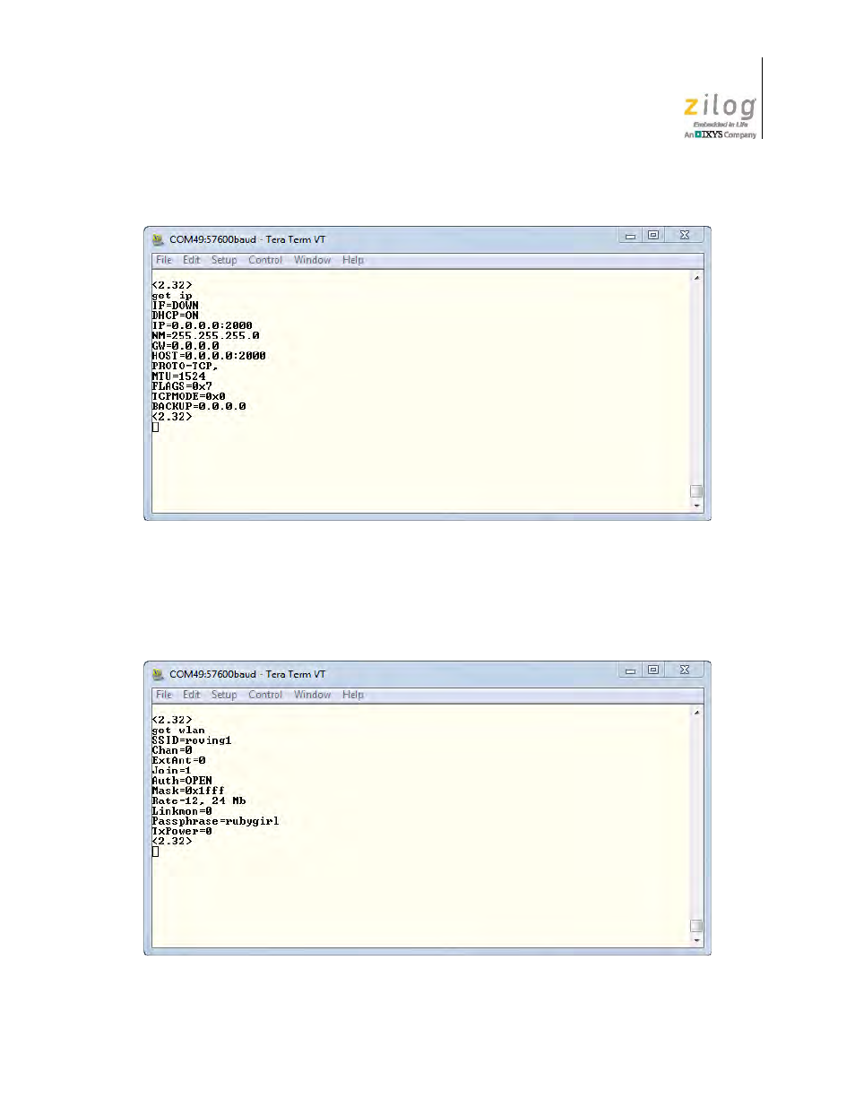 Figure 34. module 1 rn-171 ip settings, Figure 35. module 1 rn-171 wlan settings | Zilog ZUSBOPTS User Manual | Page 43 / 59