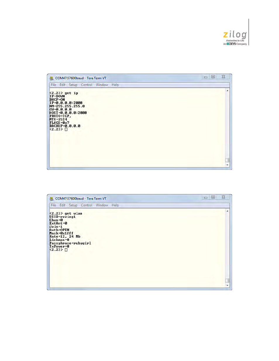 Figure 36. module 2 rn-171 ip settings, Figure 37. module 2 rn-171 wlan settings | Zilog ZUSBOPTS User Manual | Page 44 / 59