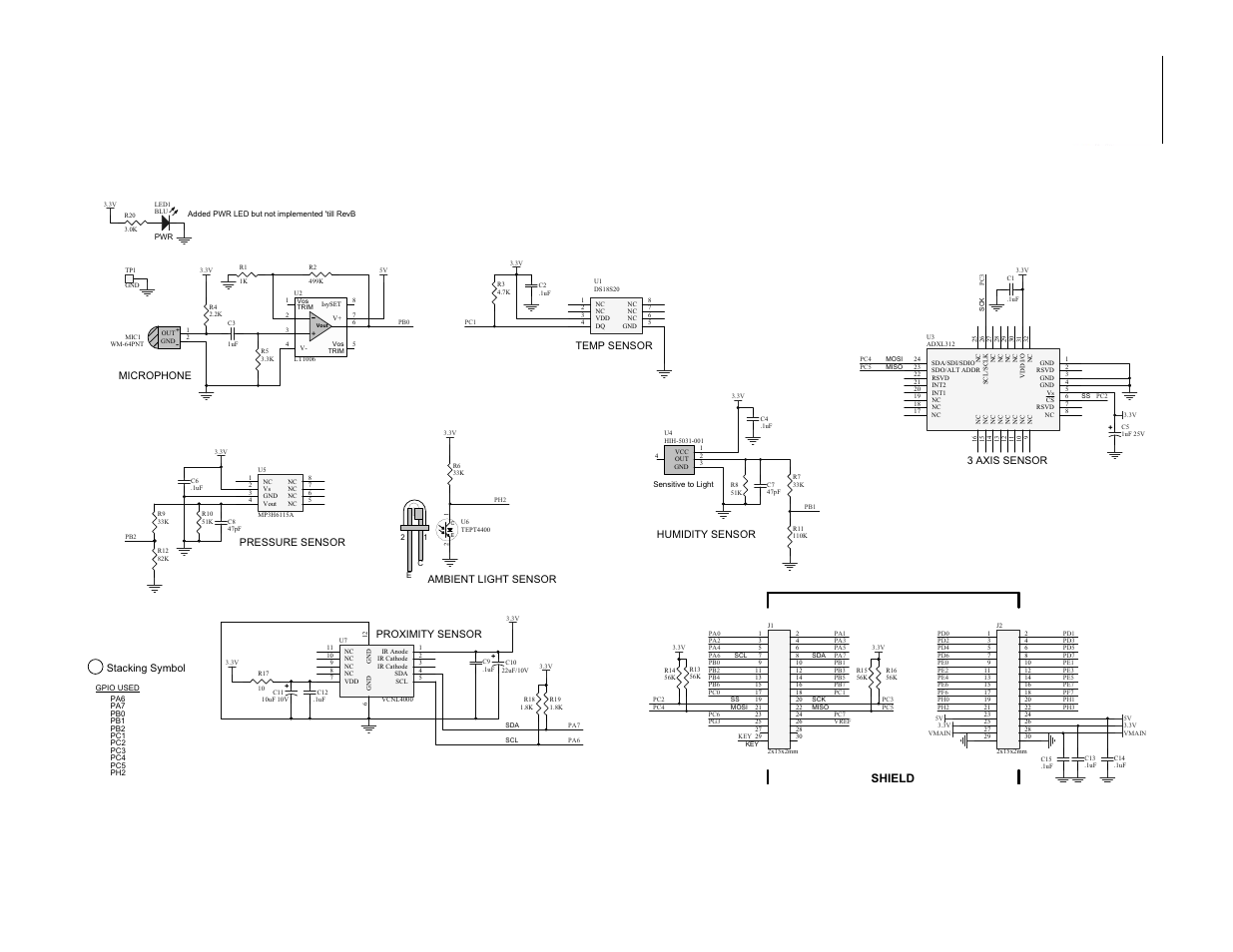 Shield, Temp sensor 3 axis sensor, Stacking symbol | Microphone, Pressure sensor, Proximity sensor, Humidity sensor, Ambient light sensor | Zilog ZUSBOPTS User Manual | Page 56 / 59