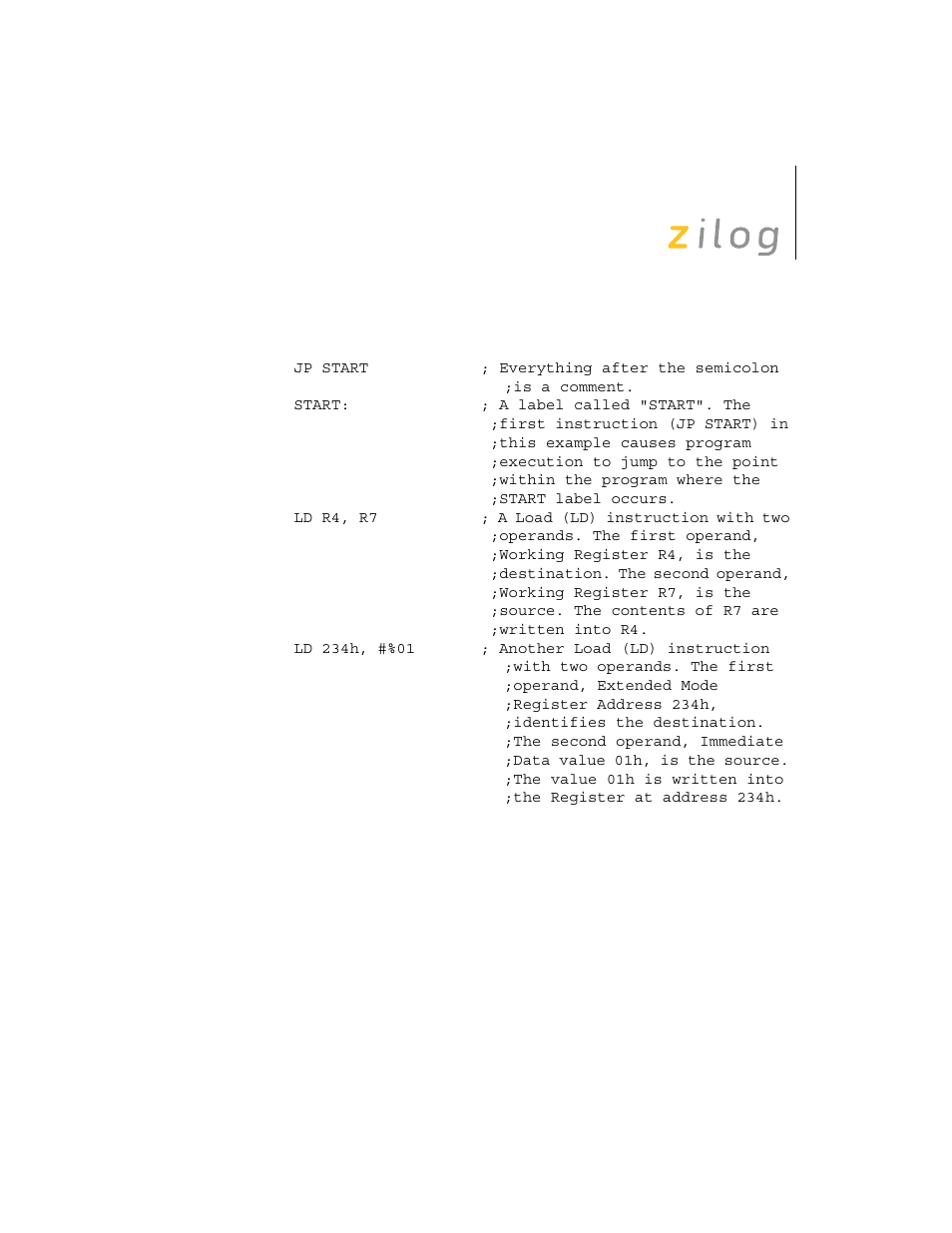 Assembly language source program example, Assembly language syntax | Zilog Z8F0130 User Manual | Page 63 / 314