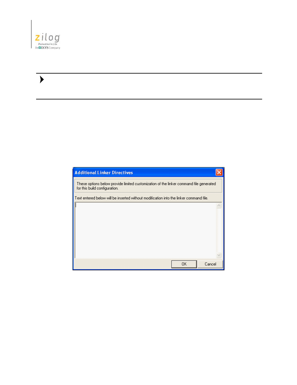 Figure 60. additional linker directives dialog box | Zilog Z8F0130 User Manual | Page 120 / 582