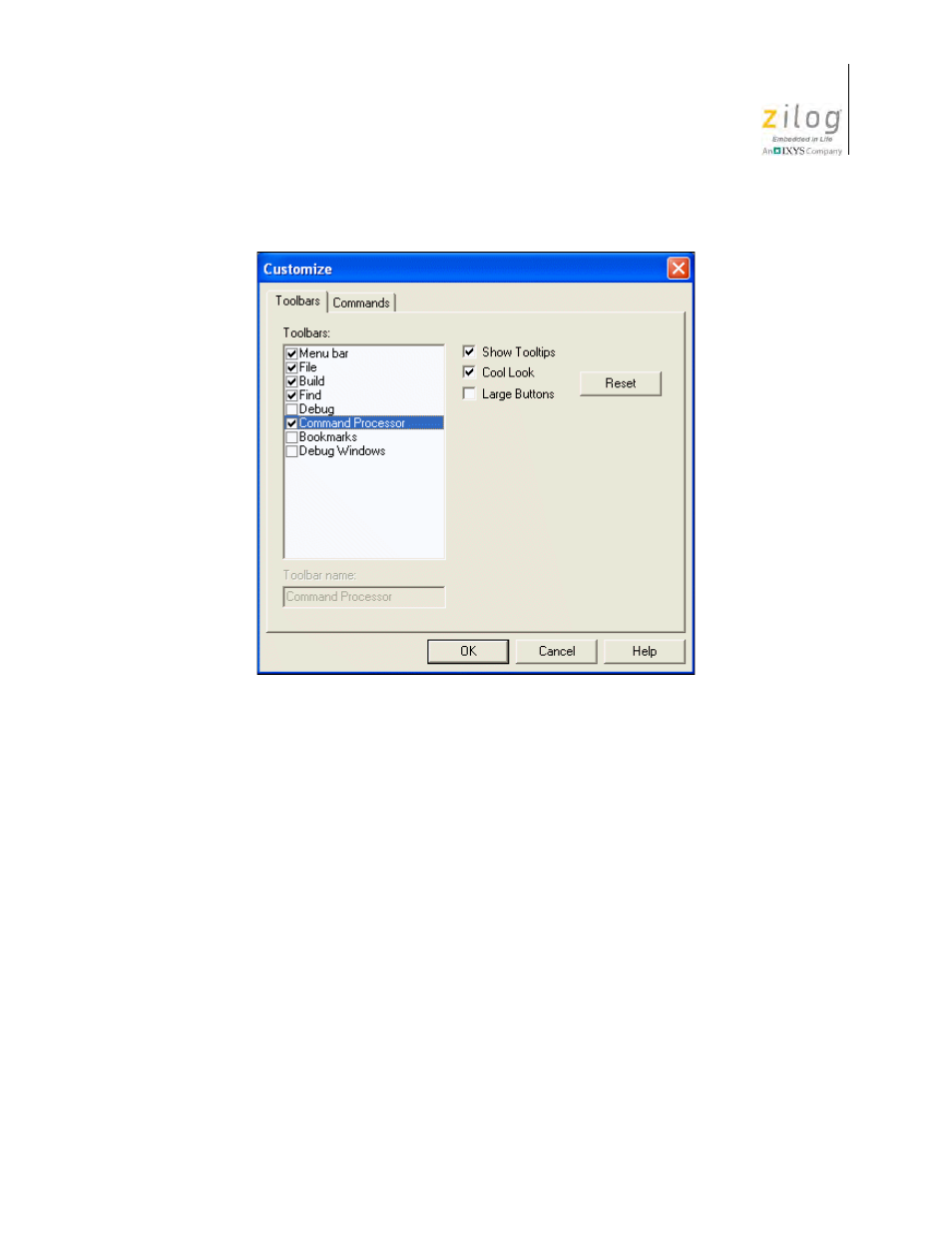 Figure 87. customize dialog box, toolbars tab | Zilog Z8F0130 User Manual | Page 159 / 582