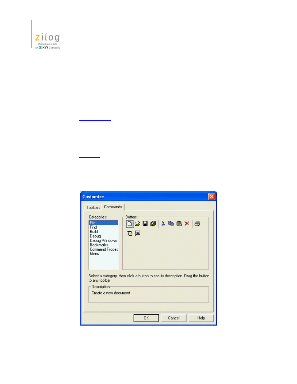 Figure 88. customize dialog box, commands tab, Customize: commands tab | Zilog Z8F0130 User Manual | Page 160 / 582