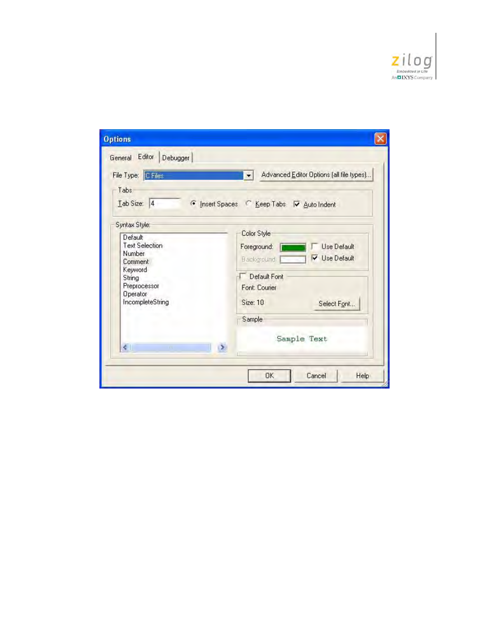 Figure 90. options dialog box, editor tab | Zilog Z8F0130 User Manual | Page 163 / 582