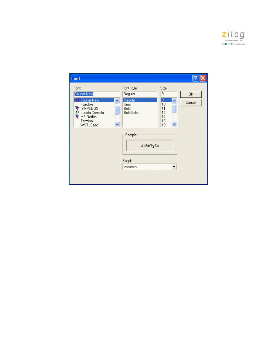 Figure 92. font dialog box, Options: editor – advanced editor options | Zilog Z8F0130 User Manual | Page 165 / 582